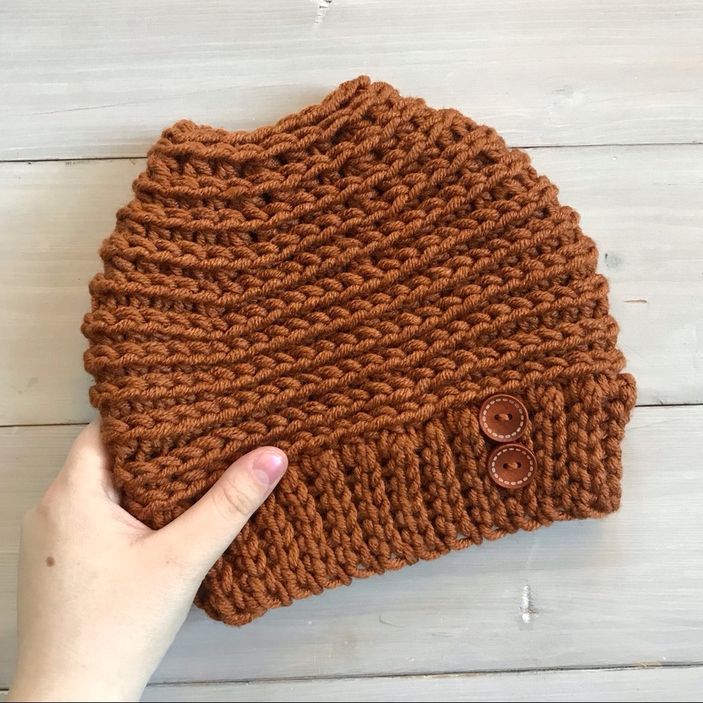 Adult Crochet Messy Bun Hat Rust Brown